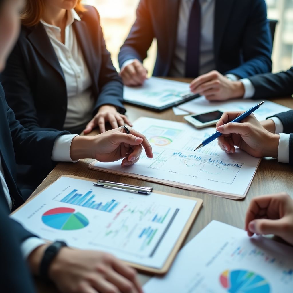 Equipo en sesión de estrategia financiera